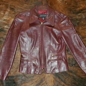 Linda Allard Ellen tracy burgundy leather Coat